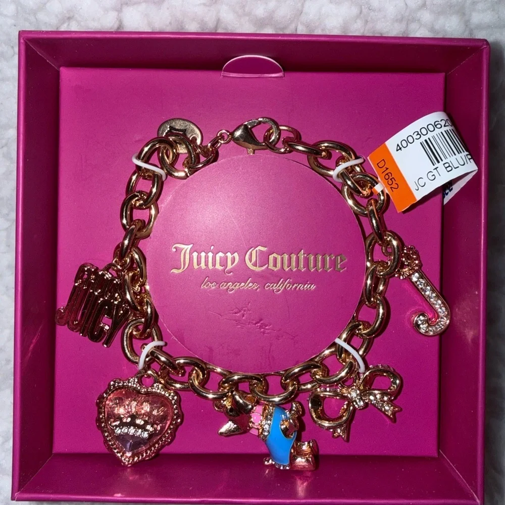 New Juicy Couture Gold Bracelet with Scottie Dog, Heart, Logo, Ribbon Charms